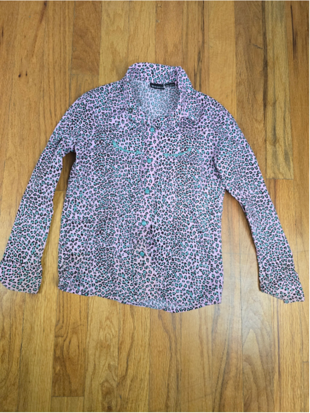 Girls Cruel Girl Button Down Shirt XS Pink Teal Leopard Print